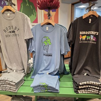 Ben & Jerry’s - Lots of t-shirts in gift shop - Ice Cream & Frozen Yogurt Near Me - Waterbury, Vermont Ben & Jerry’s - Lots of t-shirts in gift shop - Ice Cream & Frozen Yogurt Near Me - Waterbury, Vermont