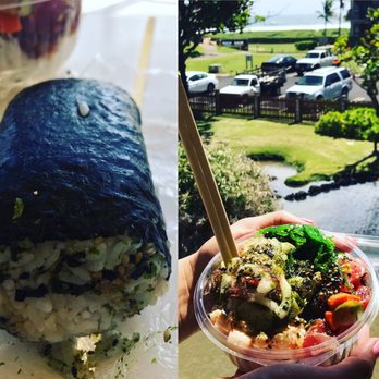 The Fish Express - Poke bowl with spicy scallop, spicy salmon,inmona. Of course the spam musubi roll - Hawaiian Near Me - Lihue, Hawaii