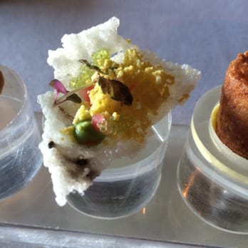 Canlis - Rice crisp with egg yolk, wasabi tobiko and edamame purée - New American Near Me - Seattle, Washington