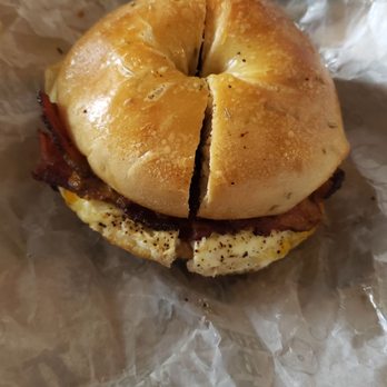 Bruegger's Bagels - Egg, bacon and cheese on rosemary bagel - Bagels Near Me - Asheville, North Carolina Bruegger's Bagels - Egg, bacon and cheese on rosemary bagel - Bagels Near Me - Asheville, North Carolina