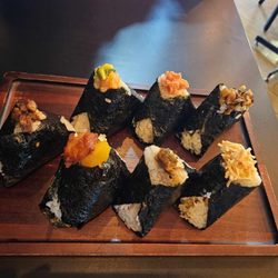 Onigiri we got (not in order): Chicken Tama, Salmon Avocado, Shrimp Kanikama, Unagi, Braised Pork, Shiitake, and Spicy Tuna