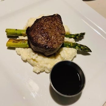 The Lime Inn - kiwi filet mignon w red wine guava sauce, feta mashed potatoes, asparagus, Lime Inn Restaurant, St John Island, Virgin Islands - Seafood Near Me - Cruz Bay, Virgin Islands