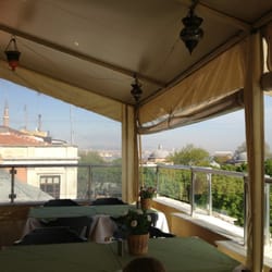 Terrace seating overlooking the Istanbul skyline.