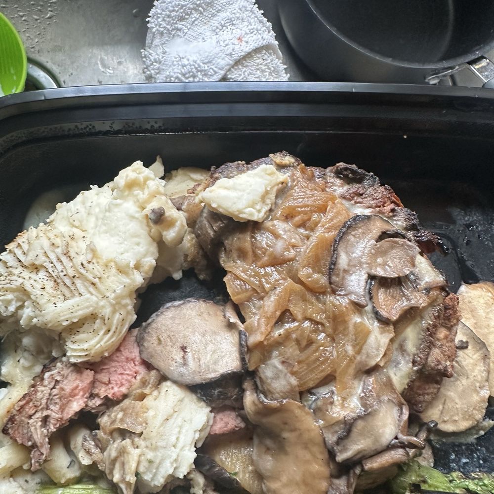 Joe Muer Seafood - This is the leftover Delmonico steak also some mashed potatoes and a spear of asparagus - Seafood Near Me - Detroit, Michigan Joe Muer Seafood - This is the leftover Delmonico steak also some mashed potatoes and a spear of asparagus - Seafood Near Me - Detroit, Michigan