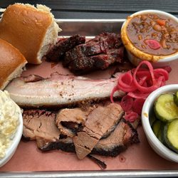 BIG SMOKERS - 3 meats. Beef Cheeks, Pork Belly, Brisket. 3 sides. Beans, Potato Salad, Spicy Dill Pickles. Pickled onions.