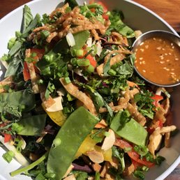 Asian Chicken - Baby Kale, Grilled Organic Chicken Breast, Purple Cabbage, Carrots, Scallions, Red Peppers, Toasted Almonds, Crispy Wontons with Our Housemade Spicy Thai Vinaigrette
