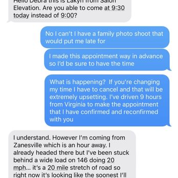 Salon Elevation - Discussion of why I don't have an appointment and when she figured out she was messaging me, she deleted the messages. - Hair Stylists Near Me - Gahanna, Ohio Salon Elevation - Discussion of why I don't have an appointment and when she figured out she was messaging me, she deleted the messages. - Hair Stylists Near Me - Gahanna, Ohio