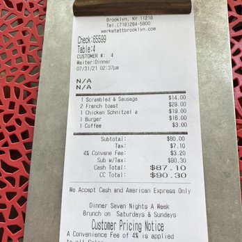 Werkstatt - Receipt - A restaurant receipt from Brooklyn, NY, displayed on a clipboard with a metal clip, shows ordered items including scrambled eggs with sausage, French toast, chicken schnitzel, a burger, and coffee. The subtotal is $80.00, with tax, fees, and total amounting to $90.30. The receipt notes payment by cash and American Express, and includes a customer pricing notice about a 4% discount for cash payments. The background features a red, patterned outdoor table surface. - Austrian Near Me - Brooklyn, New York