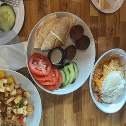 flaffel , chiliquiles & potatoes with omelette flaffel , chiliquiles & potatoes with omelette