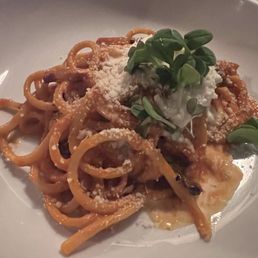 Bucatini with a vodka guanciale sauce. Bucatini with a vodka guanciale sauce.