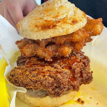 Joyland - Chicken biscuit (gluten free) stacked waffle hashbrowns inside - New American Near Me - Nashville, Tennessee