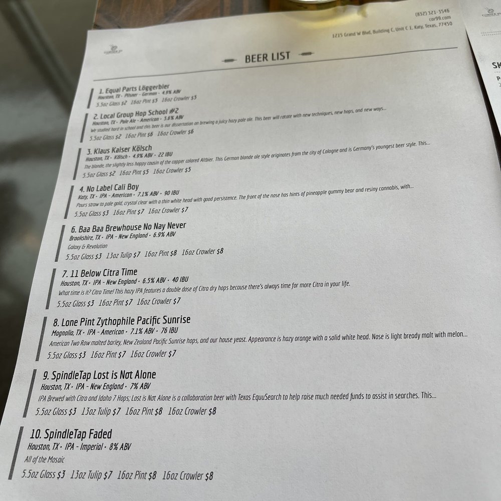 Corner 99 - Beer Menu - Vietnamese Near Me - Katy, Texas
