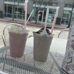 Strawberry shake with whipped cream and sprinkles Cookies n cream shake with whipped cream and oreo crumbles Strawberry shake with whipped cream and sprinkles Cookies n cream shake with whipped cream and oreo crumbles
