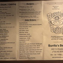 Burrito's Betty - Menu. Great breakfast burritos. The pork green chili is good. Place was very bustling.
