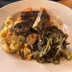 Majani Food Emporium - Jerk Tofu, Mac & Cheese, Greens, Candied Sweet Potatoes Jerk Tofu, Mac & Cheese, Greens, Candied Sweet Potatoes