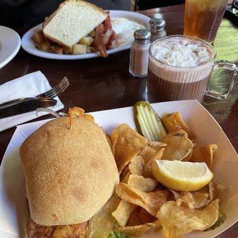 Alice's Restaurant - Cod sandwich on ciabatta roll with a hot cocoa The chunk of fish on here was huge! Aïoli sauce with lemon was perfect. - Diners Near Me - Woodside, California Alice's Restaurant - Cod sandwich on ciabatta roll with a hot cocoa The chunk of fish on here was huge! Aïoli sauce with lemon was perfect. - Diners Near Me - Woodside, California
