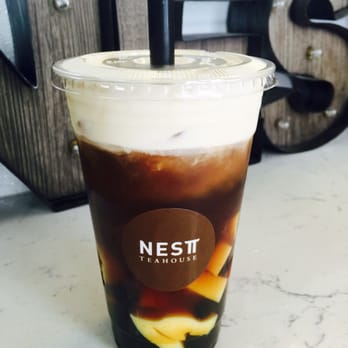 Nest Tea House - Lg Milkstache Hokkaido Black Tea w/ boba & egg pudding - Bubble Tea Near Me - Arcadia, California