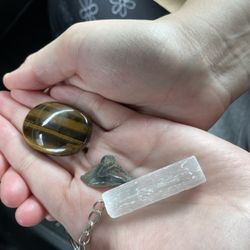 Gem City Crystals - Tigereye worry stone, selenite key chain and fossilized  shark tooth!  All this for ten dollars!