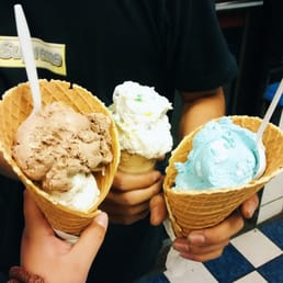 Cone 1: Chocolate, raisins & nuts, & cheesecake w/ crumbs (scoop 2), Cone 2: Vanilla w/ nerds Cone 3: blue smurf ice cream. Cone 1: Chocolate, raisins & nuts, & cheesecake w/ crumbs (scoop 2), Cone 2: Vanilla w/ nerds Cone 3: blue smurf ice cream.