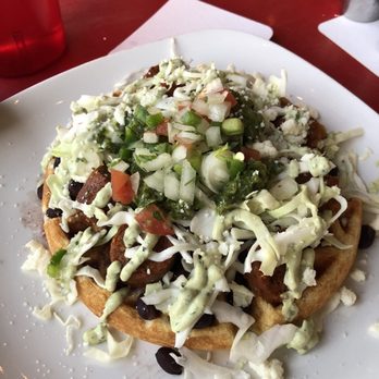 Flippers Tavern - Corny Waffle with vegetarian sausage. SO YUMMY. - Bars Near Me - Lubbock, Texas