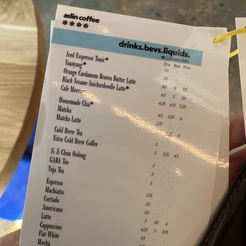Aslin Coffee - A printed menu from Aslin Coffee features a list of beverages including espresso, teas, and specialty drinks, with prices for different sizes. - Coffee & Tea Near Me - Washington, DC, District of Columbia