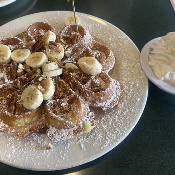 Flappy Jack's Pancake House - Banana Nut Waffle (requested butter and whip cream on the side). Also requested it to be golden brown and it was good. - Pancakes Near Me - Orange, California