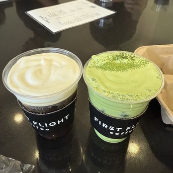 First Flight Coffee - Matcha latte right and cold brew left - Coffee & Tea Near Me - Torrance, California First Flight Coffee - Matcha latte right and cold brew left - Coffee & Tea Near Me - Torrance, California