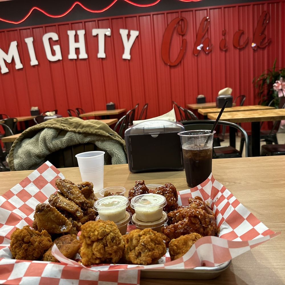 Mighty Chick Sando - a tray of fried chicken and a drink - Chicken Wings Near Me - Bedford, Texas Mighty Chick Sando - a tray of fried chicken and a drink - Chicken Wings Near Me - Bedford, Texas