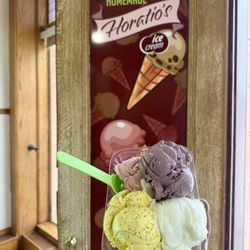 Horatio's Homemade Ice Cream - Four flavor flight with blackberry cheesecake, lemon poppyseed, berry blend sherbet, and pear sorbet.