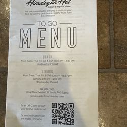 Himalayan Hut Restaurant - To go menu