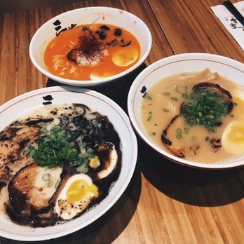 Sansotei Ramen - Far back: Tomato, left: Tonkotsu black, right: Shoyu. Tonkotsu is Tonkotsu black without the black (garlic oil) on top. - Ramen Near Me - Ottawa, Ontario Sansotei Ramen - Far back: Tomato, left: Tonkotsu black, right: Shoyu. Tonkotsu is Tonkotsu black without the black (garlic oil) on top. - Ramen Near Me - Ottawa, Ontario