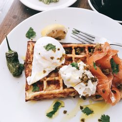The Gallery - Poached egg, cream cheese, smoked salmon on savoury waffle