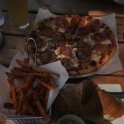 Pepperoni pizza , BLTA with sweet potato fries