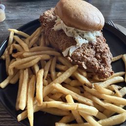 Chicken sandwich with fries - all gluten free! This took me 3 meals to finish. Chicken sandwich with fries - all gluten free! This took me 3 meals to finish.