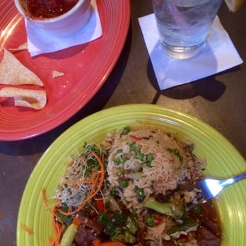 One World Cafe - General Tso Seitan w/veggies, including snap peas (Yay!) & broccoli, ginger, basmati rice, w/salsa & tortilla chip in background - Vegetarian Near Me - Baltimore, Maryland One World Cafe - General Tso Seitan w/veggies, including snap peas (Yay!) & broccoli, ginger, basmati rice, w/salsa & tortilla chip in background - Vegetarian Near Me - Baltimore, Maryland