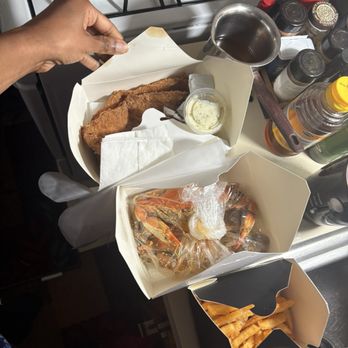 Noahla Cajun Seafood - Two piece fried fish, blue crab, fries (not Cajun) - Seafood Near Me - Bexley, Ohio