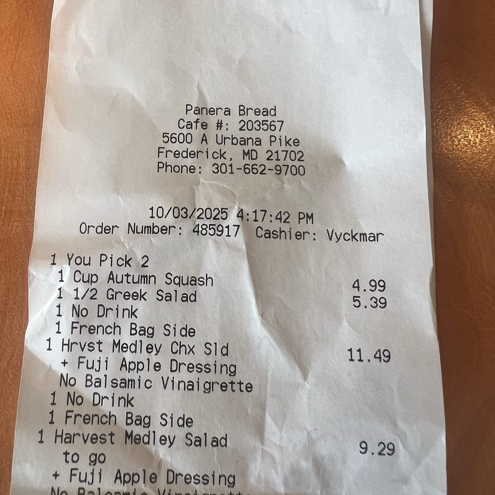 Panera Bread - Receipt for order - Salad Near Me - Urbana, Maryland Panera Bread - Receipt for order - Salad Near Me - Urbana, Maryland