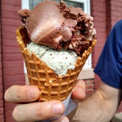 Cowan's Dairy - Hubby's waffle cone with a scoop of heavenly hash and a scoop of mint chocolate chip. ($9.16 taxes in for this and a regular single scoop).
