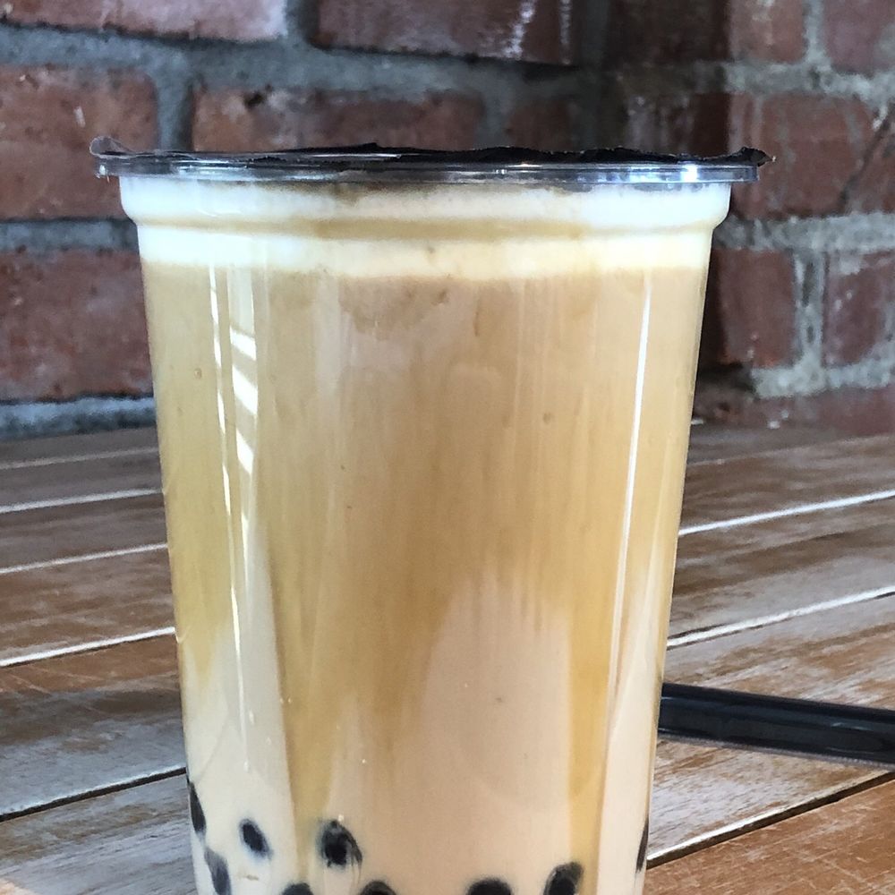Boba Break Tea House - Salted Caramel Milk Tea (Large - 24oz - No Ice - $6.50) with Honey Boba (additional 75 cents) - Bubble Tea Near Me - Glendora, California