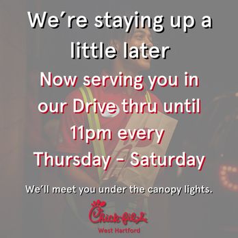 Chick-fil-A - Late nights taste better with Chick-fil-A. We'll see you tonight only at Chick-fil-A West Hartford! - Fast Food Near Me - West Hartford, Connecticut Chick-fil-A - Late nights taste better with Chick-fil-A. We'll see you tonight only at Chick-fil-A West Hartford! - Fast Food Near Me - West Hartford, Connecticut