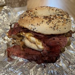 Wally's Place Bagels & Deli - Montreal Smoked Meat: egg, Swiss, and smoked beef brisket