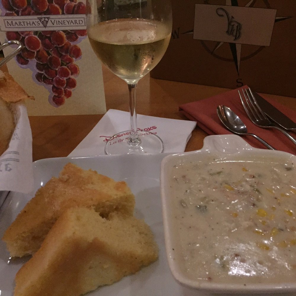 Clam chowder with cornbread.