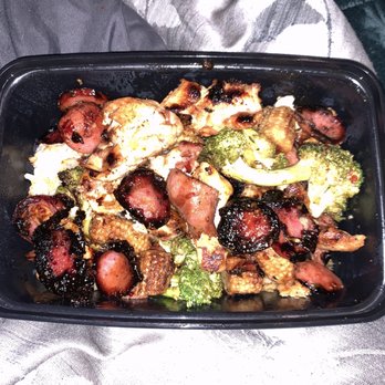 Genghis Grill - CYO small bowl with sausage (BURNED) chicken, brown rice, broccoli, baby corn (burned), and missing my sauce and egg - Mongolian Near Me - San Antonio, Texas Genghis Grill - CYO small bowl with sausage (BURNED) chicken, brown rice, broccoli, baby corn (burned), and missing my sauce and egg - Mongolian Near Me - San Antonio, Texas