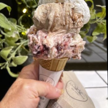 3 euros worth of gelato scoops of cherry, hazelnut chocolate and whip cream!