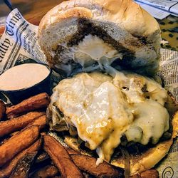 Fired Stone Tavern - Yahtzee Burger (Caramelized Onions, Mushrooms, Swiss, Bourbon Glaze, Truffle Mayo) at Fired Stone Tavern