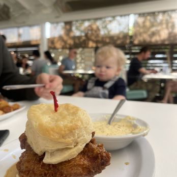 Sawyer & Co - Honey Butter Fried Chicken Biscuit and Cheesy Grits - Diners Near Me - Austin, Texas