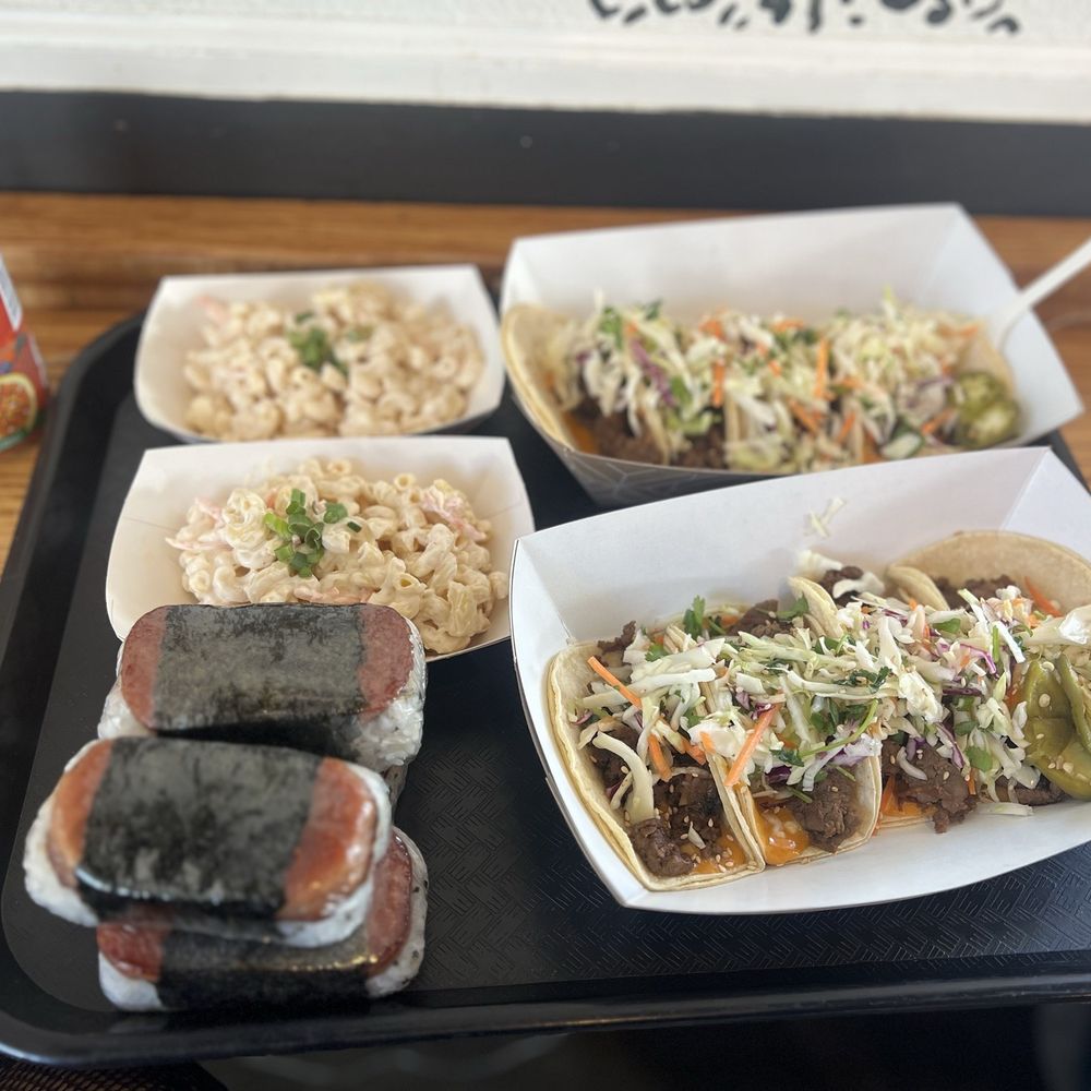 Marination Ma Kai - Delicious Kalbi Beef Tacos with Mac salad and musubis - Korean Near Me - Seattle, Washington Marination Ma Kai - Delicious Kalbi Beef Tacos with Mac salad and musubis - Korean Near Me - Seattle, Washington