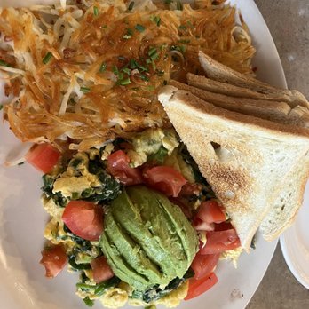 Jeffrey's Hillside Cafe - Tomatoes, spinach, onions, and avocado omelette scramble (my own creation) with extra crispy hash browns and sourdough toast - Breakfast & Brunch Near Me - Santa Rosa, California Jeffrey's Hillside Cafe - Tomatoes, spinach, onions, and avocado omelette scramble (my own creation) with extra crispy hash browns and sourdough toast - Breakfast & Brunch Near Me - Santa Rosa, California