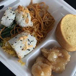 Coconut sauce shrimp, noodles, sushi, sautéed green beans