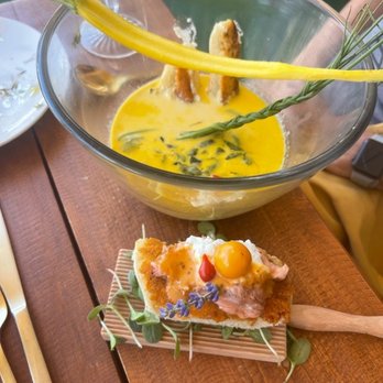 The Yellow Carrot - Charleston She Crab Bisque and Smoked Salmon toast. My heart does a happy dance when I think about my meals here. - Caterers Near Me - Durango, Colorado The Yellow Carrot - Charleston She Crab Bisque and Smoked Salmon toast. My heart does a happy dance when I think about my meals here. - Caterers Near Me - Durango, Colorado